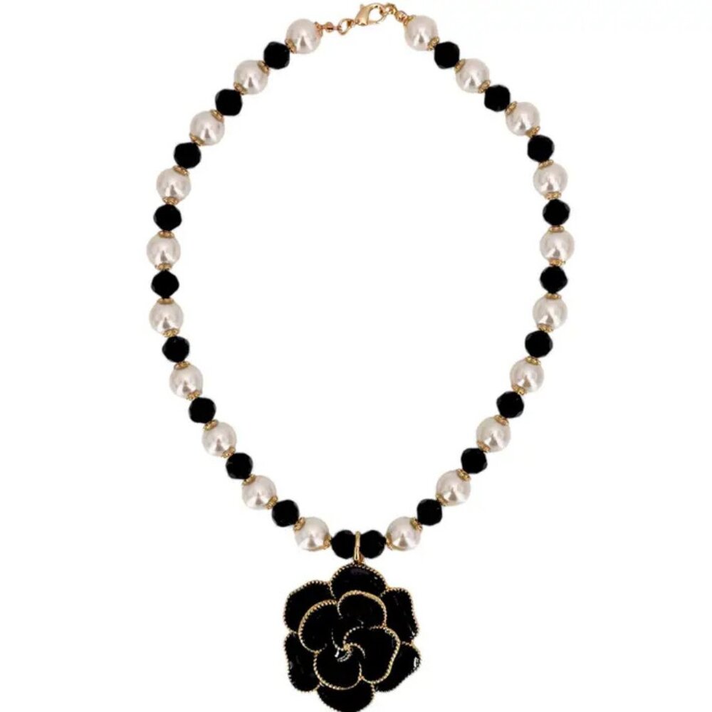 Handmade Boho Glass Pearl Necklace 22” | Black Enamel Floral Pendant | Vintage